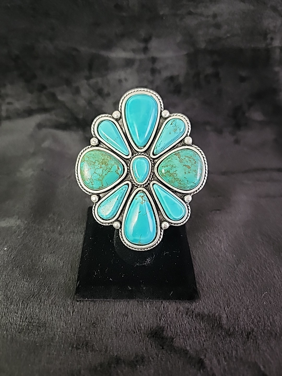 Turquoise Silver Tone Cluster Ring Adjustable Boh… - image 2
