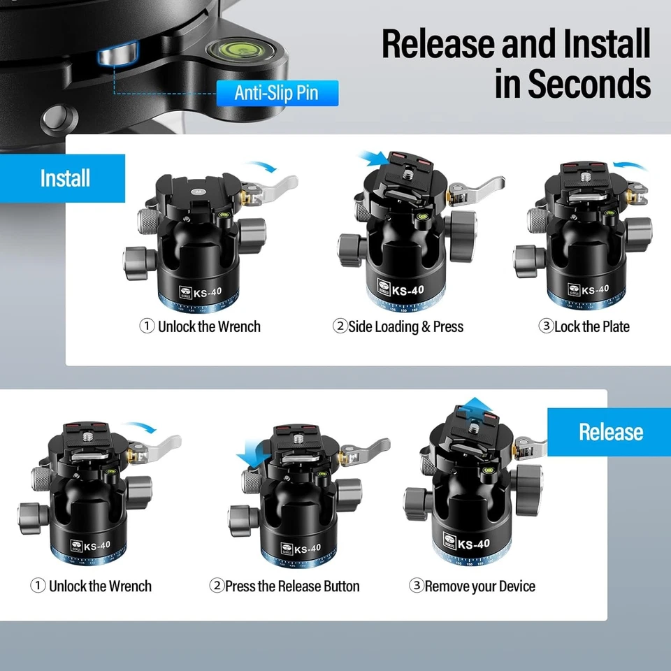Cabezal de bola trípode de bajo perfil de aleación de aluminio Sirui KS-40, 360° doble panorámico Foto 3 de 4