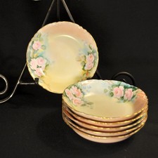 Hutschenreuther 6 Dessert/Berry Bowls Racine Yellow w/Pink Roses Gold 1887-1910