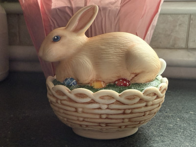 Mosser Glass BUNNY ON BASKET/NEST - BROWN Hand-Painted w/Easter Eggs