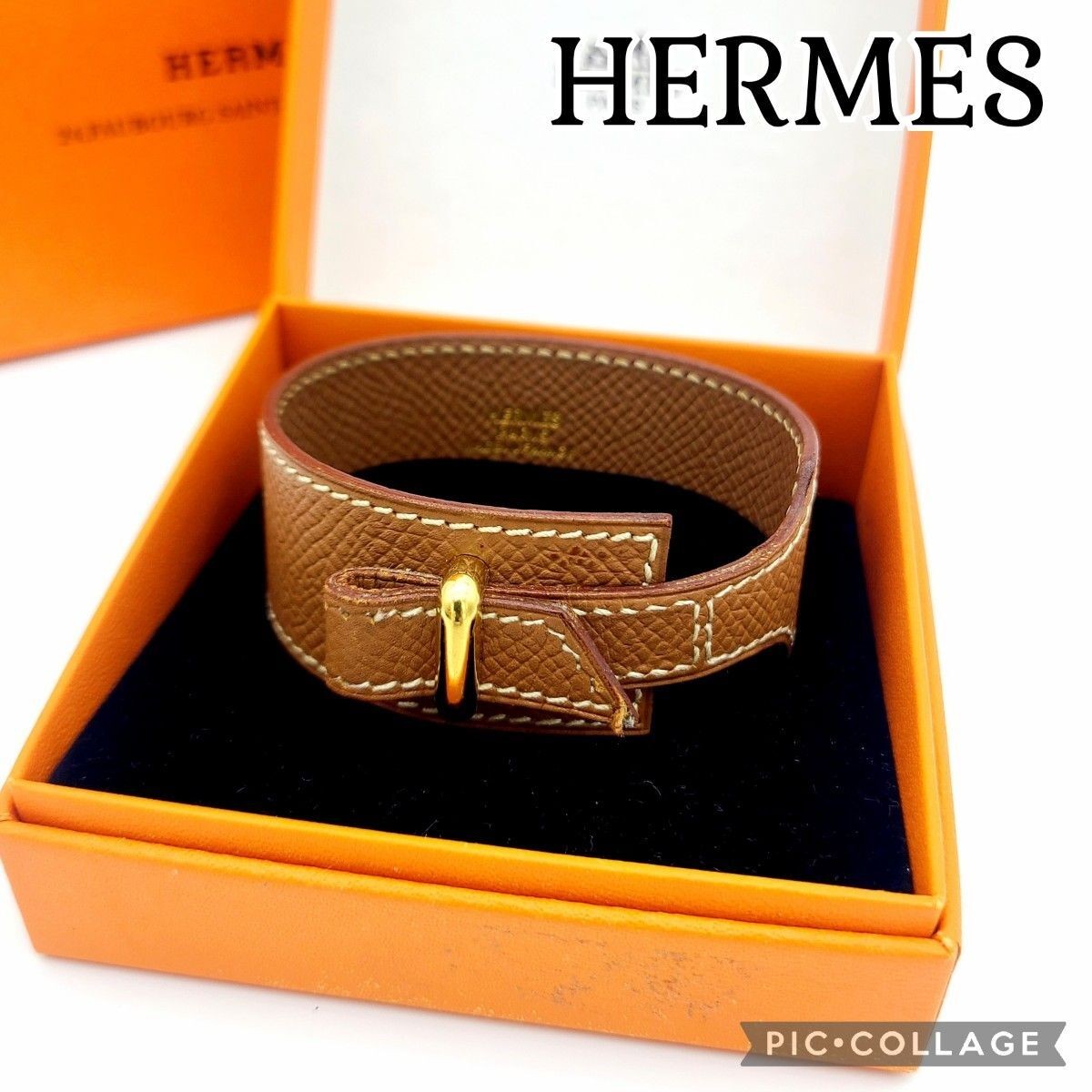 HERMES Genuine Leather Bracelet Bangle with Original Box Luxury Accessory