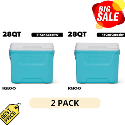 2 Pack Igloo 28 QT Laguna Hard-Sided Ice Chest Cooler Aqua Blue and White
