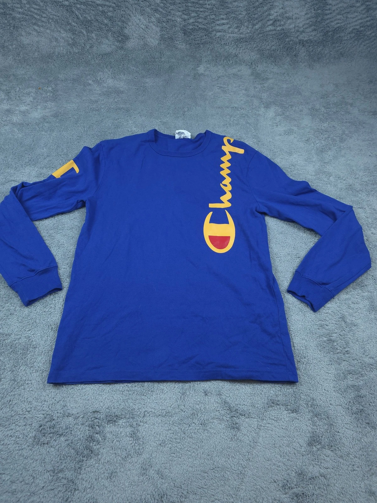 Champion Shirt Mens Medium Blue Long Sleeve Big Spell Out Logo Athletic Crewneck