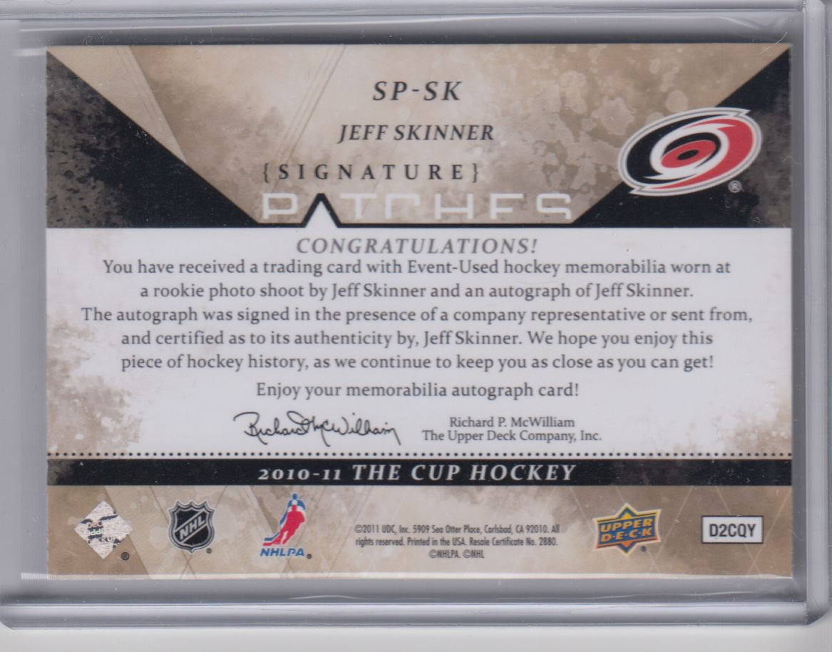 2010-11 UD The Cup Signature Patch Autograph Rookie Jeff Skinner