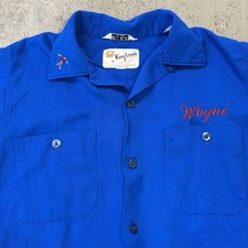 KING LOUIE BOWLING SHIRT 50s 60s BLUE Medium Chain Stitch EMBROIDERED By Holiday