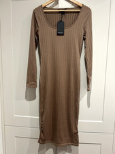 BNWT Brave Soul Size S Ribbed Bodycon Camel Midi Dress Scooped Neck Long Sleeves