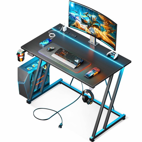 Home PC Table Computer Gaming Desk w/ LED Lights & Power Outlet for Small Space