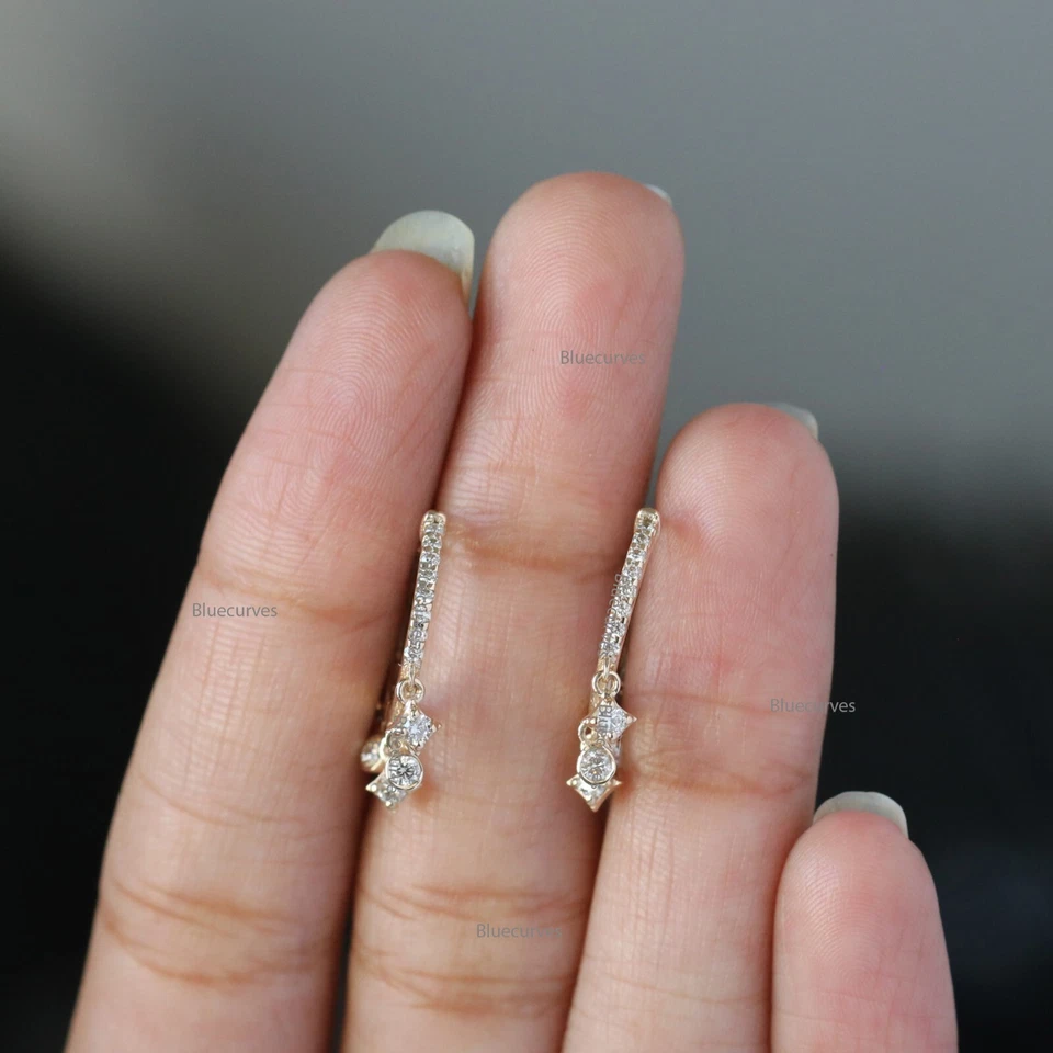 Princess & Round Cut Natural Diamond Drop Hoops Earrings in Solid14k Yellow Gold - Image 4 of 4