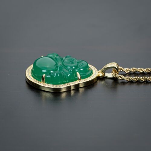 Mens 14K Gold Plated Cz Green Jade Mini Buddha Pendant & Chain Necklace Set - Picture 3 of 4
