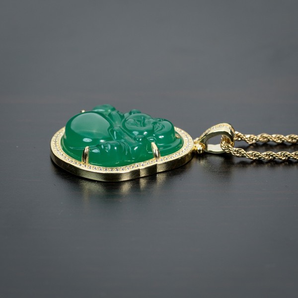 Alternate view of Mens 14k Gold Plated Green Jade Mini Buddha Pendant Chain Necklace Set