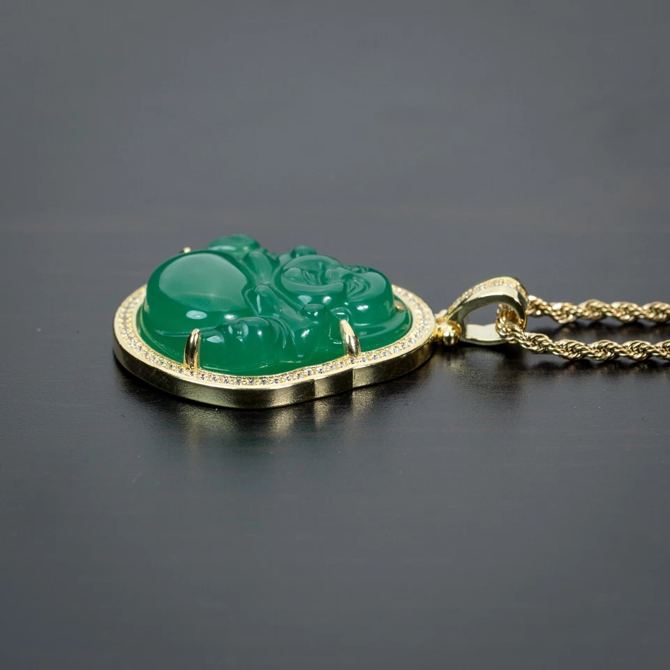 Juego de collar colgante y cadena mini Buda jade verde circonita cúbica chapado en oro de 14K para hombre Foto 3 de 4