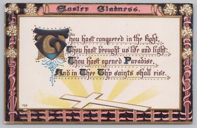 Easter Gladness~Yellow Rays Come Off White Cross~Pink & Flower Border~Vintage PC