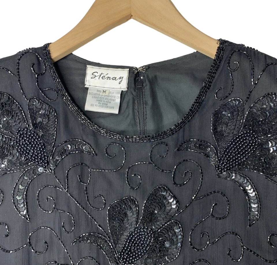 Blusa de noche de seda con cuentas pesadas Stenay de colección para mujer mediana negra IMPRESIONANTE Foto 3 de 4