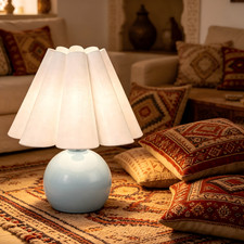 Blue Ceramic Table Lamp with Pleated Shade for Bohemian Living Room