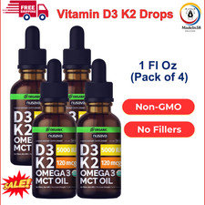 4 Pk Organic Vitamin D3 K2 Drops W MCT Oil Omega 3, 5000 IU, No Fillers, 4 Fl Oz
