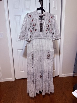 Young Threads Maxi Dress Embroidered Paisley Grey V-Neck Pockets XL Women