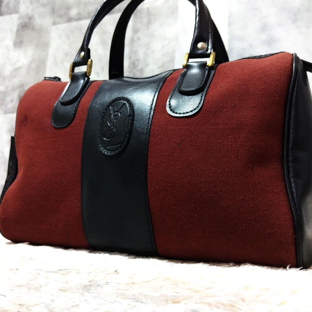 Yves Saint Laurent YSL Mini Boston Bag in Leather Canvas Bordeaux Pre-Owned