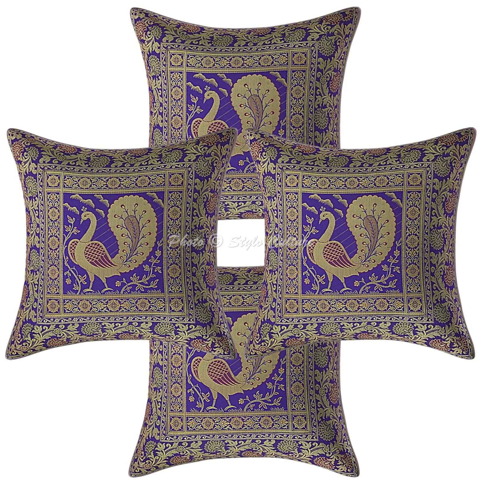 Indian Brocade Throw Pillow Covers Jacquard Purple Peacock Home Decor 40x40 cm