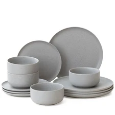 Stoneware Plates and Bowls Set - 12pcs Reactive Glazed Dinnerware Service for...
