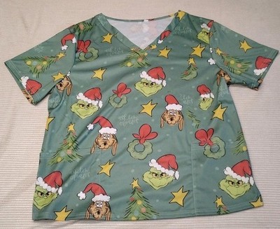 Grinch Dr. Seuss Scrub Top Womens XL Christmas Holiday Aid Nurse Vet Work