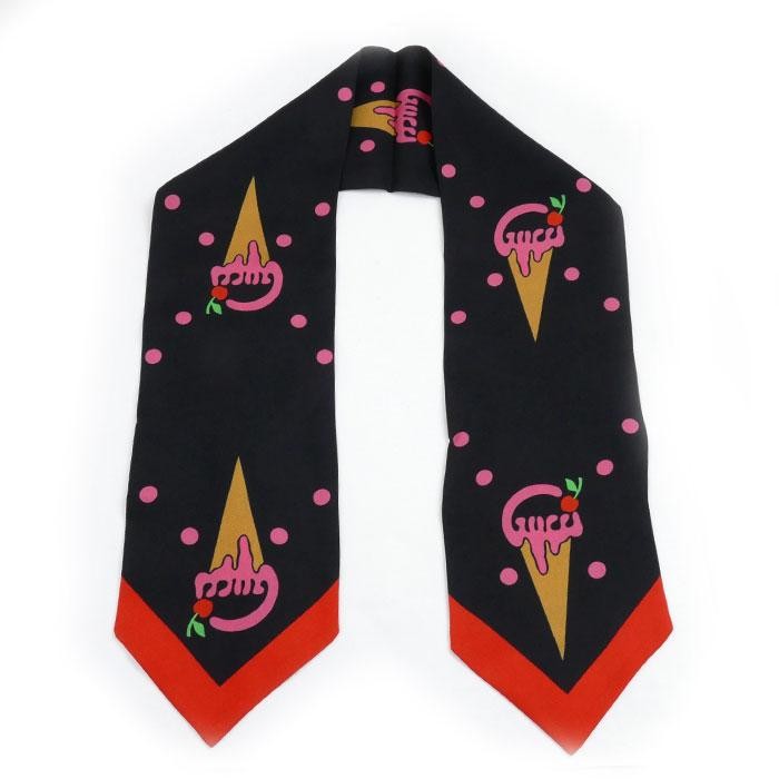 Gucci Ice Cream Cherry Print Neckbow Scarf Black Red Multicolor for Women