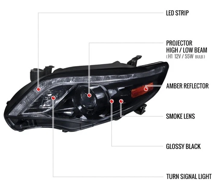 Fit 2011-2013 Toyota Corolla Headlights Black Smoke LED Projector Pair – Spec-D - Image 3 of 4