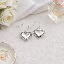 Ornate Puffed Heart Charm Earrings with Solid 925 Sterling Silver Ear Wires