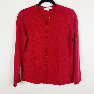 Petite Sophisticate Red Sparkle Sequined Beaded Embellished Cardigan Sweater MP