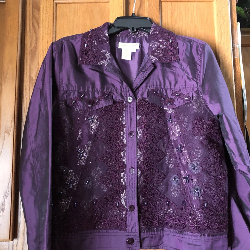 Coldwater Creek Boho Plum Silk Blend Lace Embroidered Beaded Jacket Medium Chic - Image 4 of 4