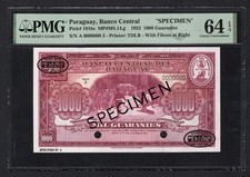 Paraguay 1000 Guaranies 1952 P191bs  Specimen N.3  Uncirculated Grade 64 Top Pop