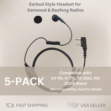 5x Single Earbud PTT Headset for Kenwood & Baofeng Radios KPG-87D, UV-5R, H-777