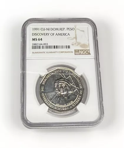1991 DOMINICAN REPUBLIC 1 PESO. 5TH CENTURY OF DISCOVERY OF AMERICA. NGC MS 64.