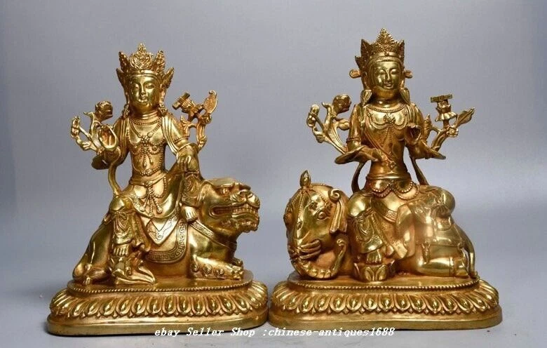 9.8" Old Chinese Bronze Gilt Wenshu Puxian Kwan-yin Lion Elephant Buddha Pair - Image 2 of 4