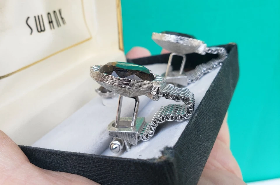 Swank Cufflinks Tie Pin Set UNUSED IN BOX Dark Olive Green Glass Stone MEN 1960s - Image 2 of 4