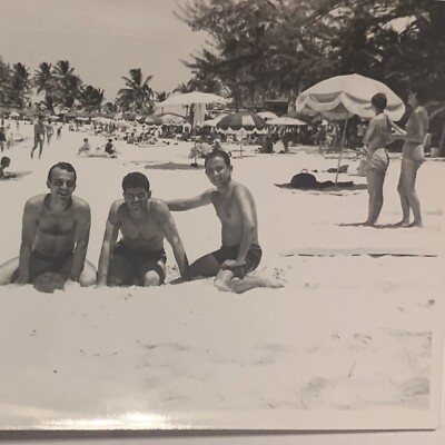 3 Men Posing on Beach with Crowd Found Black & White Photo
