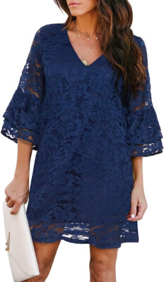 NWT $50 SZ S BELONGSCI Summer Dress STRETCH LACE NAVY  Bell Sleeve Shift Dress
