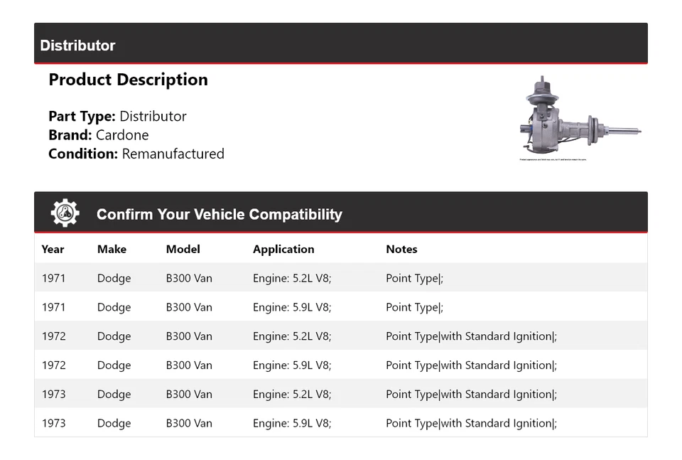 Dodge B300 1971-1973 furgoneta distribuidor Cardone 1972 Foto 2 de 4