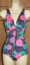 Vintage - Navy Blue PInk Green - Floral Design 1 pc Swimsuit / Bathing suit sz S