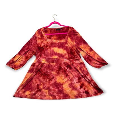 Avenue Stretch Womens Orange Tie Dye Square Neck Blouse Plus Sz 22/24 Sequin Bow