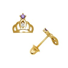 14K Solid Gold Royal Crown Screw Back Stud Earrings with Sparkling CZ Stones