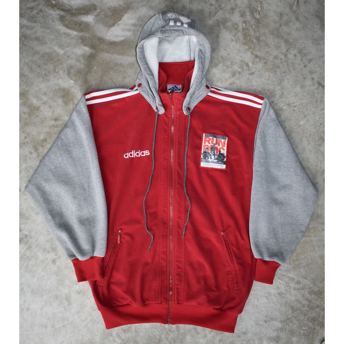 Vintage Adidas Run DMC Track Jacket Removable Hood Red Grey 80s