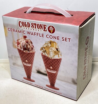 Cold Stone Creamery Ceramic Waffle Cone Set of 2 Red Ice Cream Dishes 3.5w x 6''h