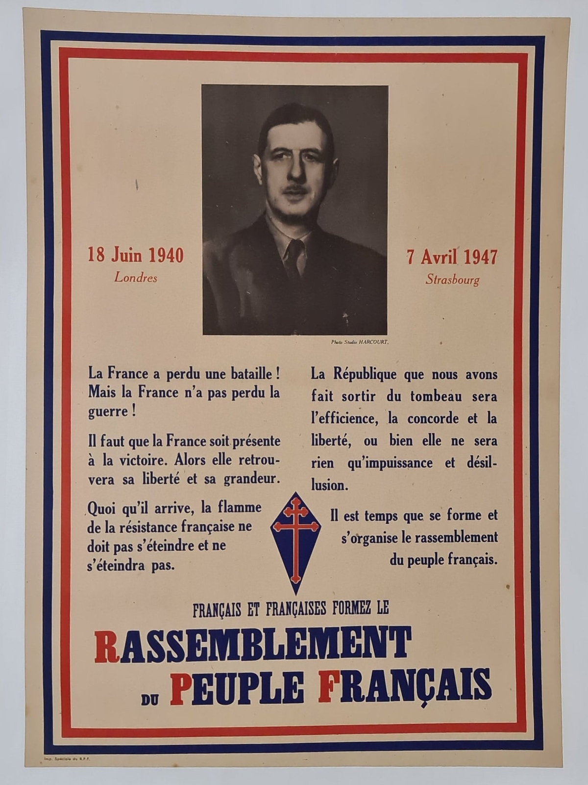 Affiche RPF Charles De Gaulle 45x60cm pour sublimer votre bureau de collectionneur