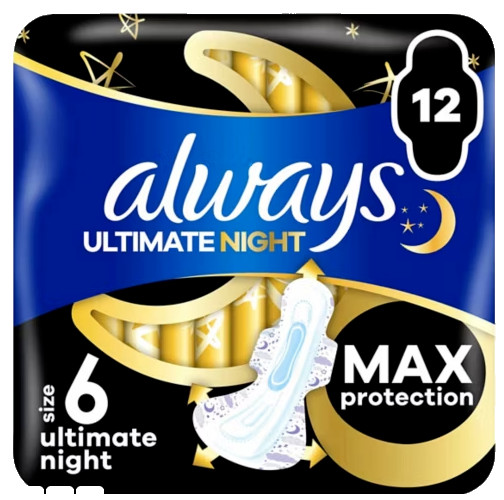 Always Sanitary Towels Ultimate Night (Size 6) Wings 12s - 2 packs ( 24 pads )