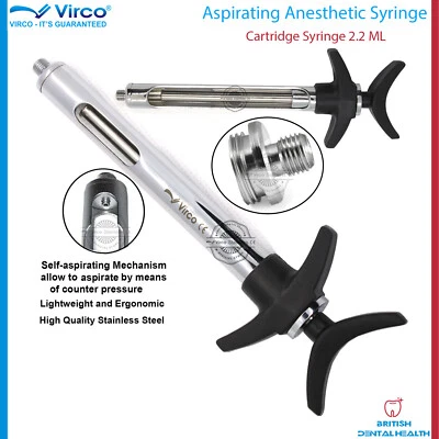 VIRCO UK Dental Aspirating Cartridge Anesthetic Dentist Syringe Aspirating Syringe 2.2ML