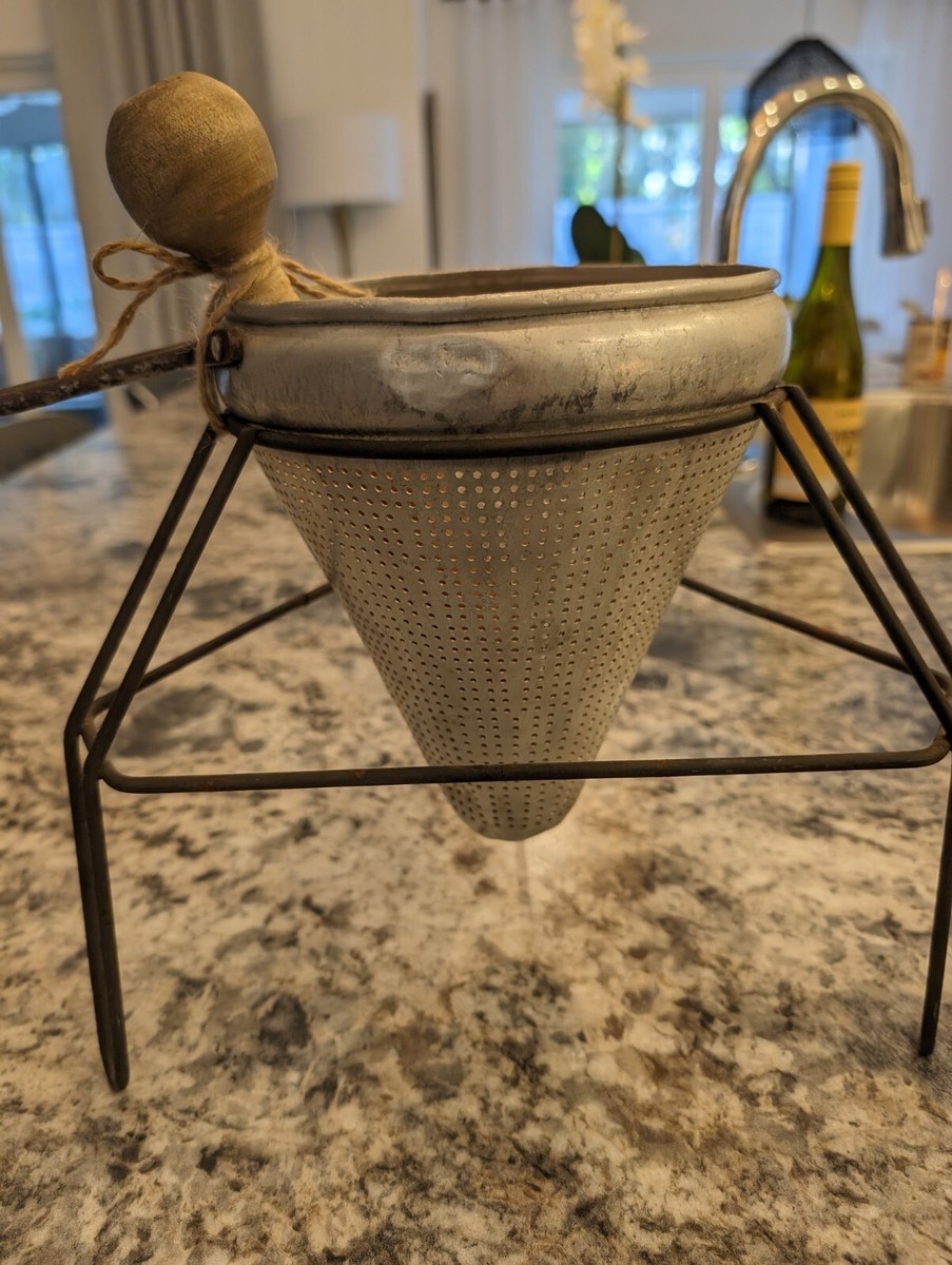 Steel Frame Cone Sieve Food Mill Wood Pestle & Stand Chinois Steel Frame Cone Sieve Food Mill Wood Pestle & Stand Chinois
