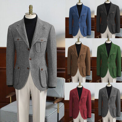 Men's Grey Tweed Suits Herringbone Safari Jackets Causal Vintage Formal Tuxedos