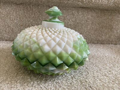 Westmoreland Green & White Slag Round Diamond Point Lidded Candy Dish FREE SHIP