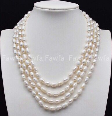 Genuine 7-9mm Rice Shape Baroque Freshwater Cultured Real Pearl Necklace 18'' AA