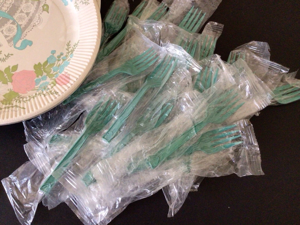 Vintage Bridal Wedding Paper Plates Honeycomb Bells Decorations Forks Party Set - Image 2 of 4